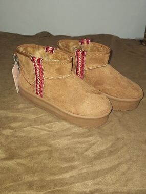 Women's Tan Suede Ankle Booties with Red Accent
